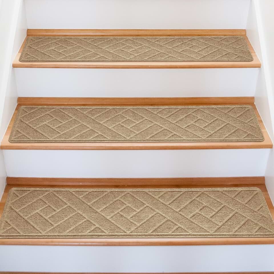 15 Pack 8 "X 30" Non-Slip Carpet Stair Treads for Indoor Wooden Steps, Made of Polyester and Reusable Adhesive, Suitable for Kids Elders and Pets(Beige Lines)