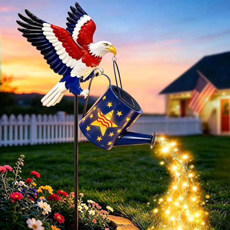 4th of July Decorations Outdoor Solar Eagle Watering Can Lights, 36 LED USA 250th Anniversary Decorative Waterproof Metal Patriotic Garden Decor for Memorial Independence Day Yard Art Patio