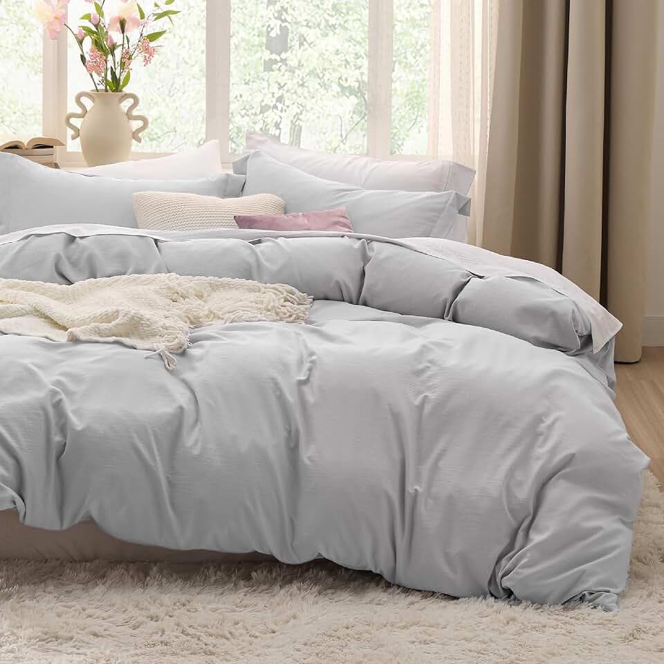 Bedsure Prewashed Duvet Cover Queen, Cotton-Like Bedding Set, Light Grey