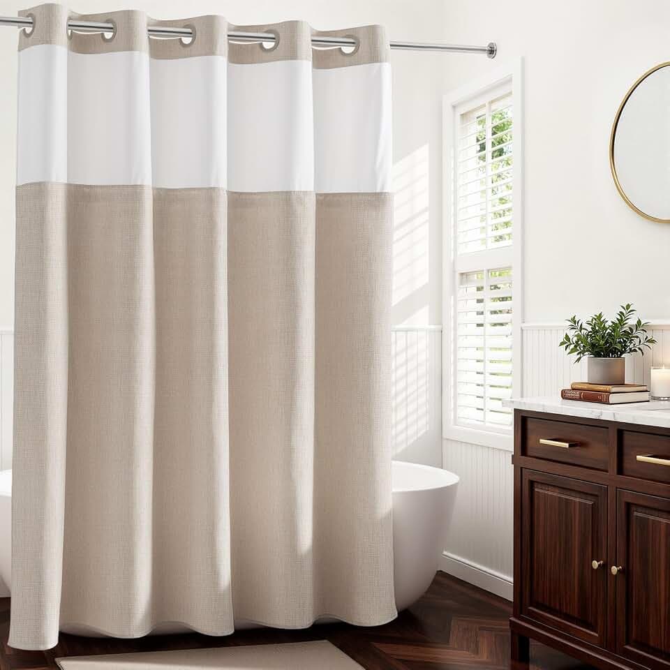 River Dream Linen Textured No Hooks Shower Curtain with Liner,Linen,71x74