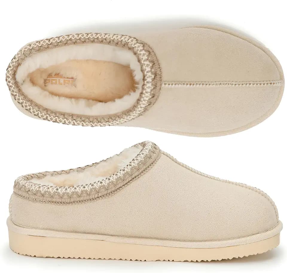 POLAR Women’s Faux Suede Shearling Lined Slippers - Warm Memory Foam Indoor Outdoor Slip-On House Shoes with Aztec Trim - Non-Slip Sole for Winter Cosy Comfort