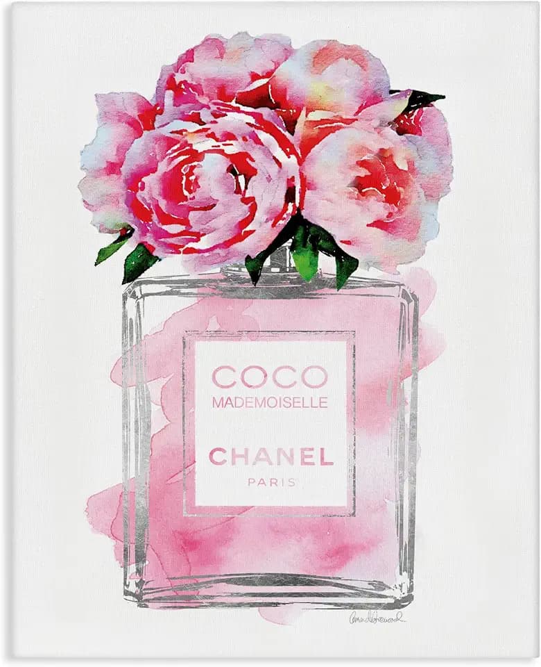 Stupell Industries Glam Perfume Bottle V2 Flower Silver Pink Peony Stretched Canvas Wall Art, Proudly Made in USA