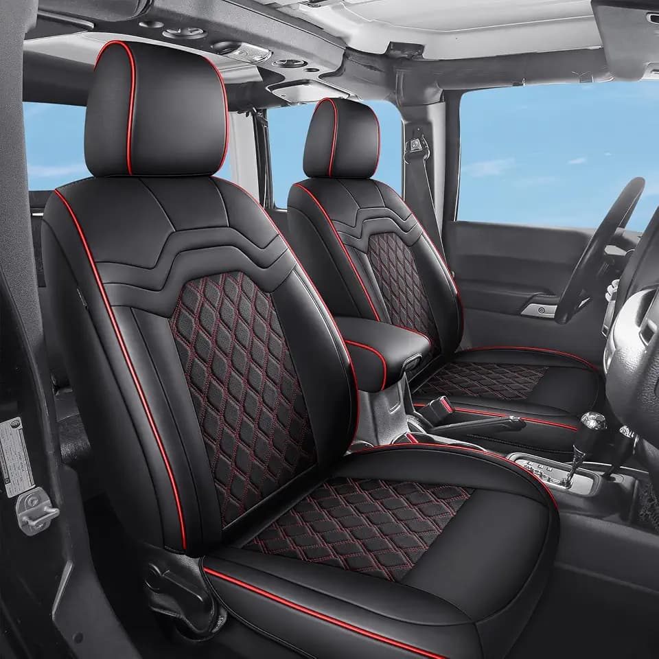 Huidasource Front Seat Covers for Jeep Wrangler JL 2018-2026, Waterproof Leather 2Pcs Front Seat Protector for Wrangler JL 2 Door/4 Door Sport Rubicon Sahara High Altitude (Front Pair/Black&Red)