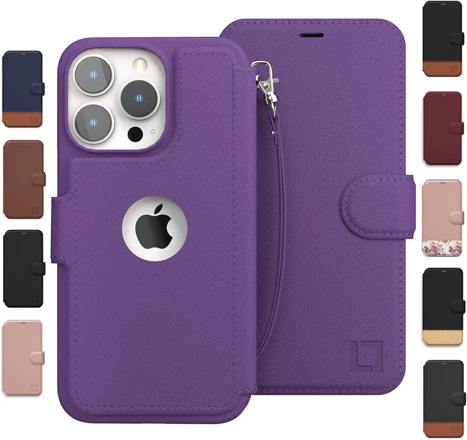 Compatible For iPhone 13 Pro Max Wallet Case - Case with Card Holder - [Slim + Durable] for Women and Men - iPhone 13 Pro Max Flip Cell Phone case - Faux Leather - Purple[Includes Wristlet]