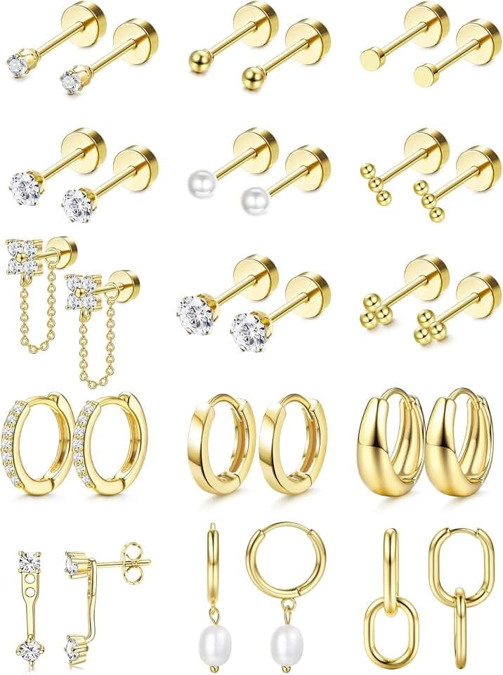 LOLIAS Flat Back Earrings for Women Hypoallergenic Surgical Steel Earrings for Sensitive Ears-20G Cartilage Earring Stacks 14K Gold Plated Hoops Flatback Stud Earring Sets for Multiple Piercing
