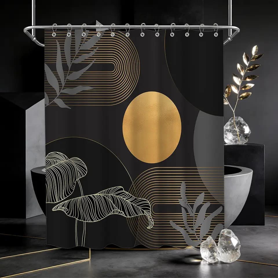 Black and Gold Shower Curtain,Boho Mid Century Modern 72x72 in