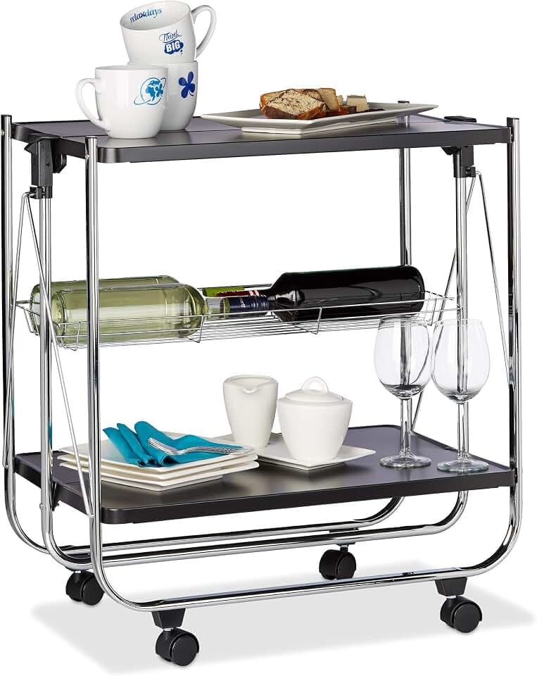 Relaxdays Servierwagen klappbar, 4 Rollen, Metall, 2 Böden, Gitterkorb, HxBxT 68,5 x 68 x 40,5 cm, Küchenwagen