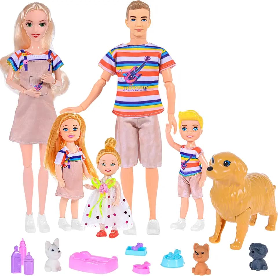 ebuddy Familie Puppen Set von 6 Personen mit Puppenhaus Hund Haustiere und Zubehör enthalten 11.5 Zoll Schwangere Mama, Papa, 3 Kinder und EIN Baby in Mamas Bauch für 3-12 Jahre Kleinkinder Geschenk