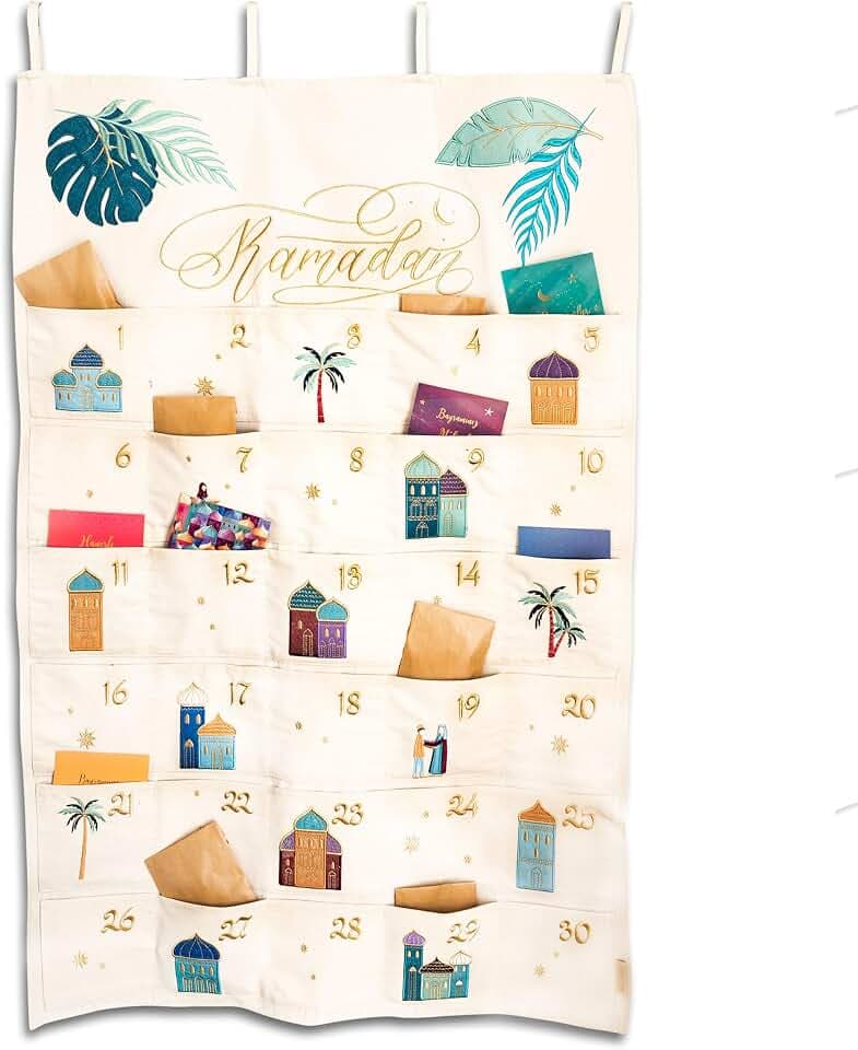 Papierdrachen Ramadankalender als Wandkalender aus Stoff zum Befüllen - colorful - hochwertig bestickt - Stoffbeutel - Baumwolle - wiederverwendbar - Set 5