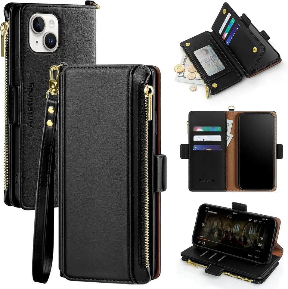 Antsturdy for iPhone 15 Phone Wallet Case Women,(Black)