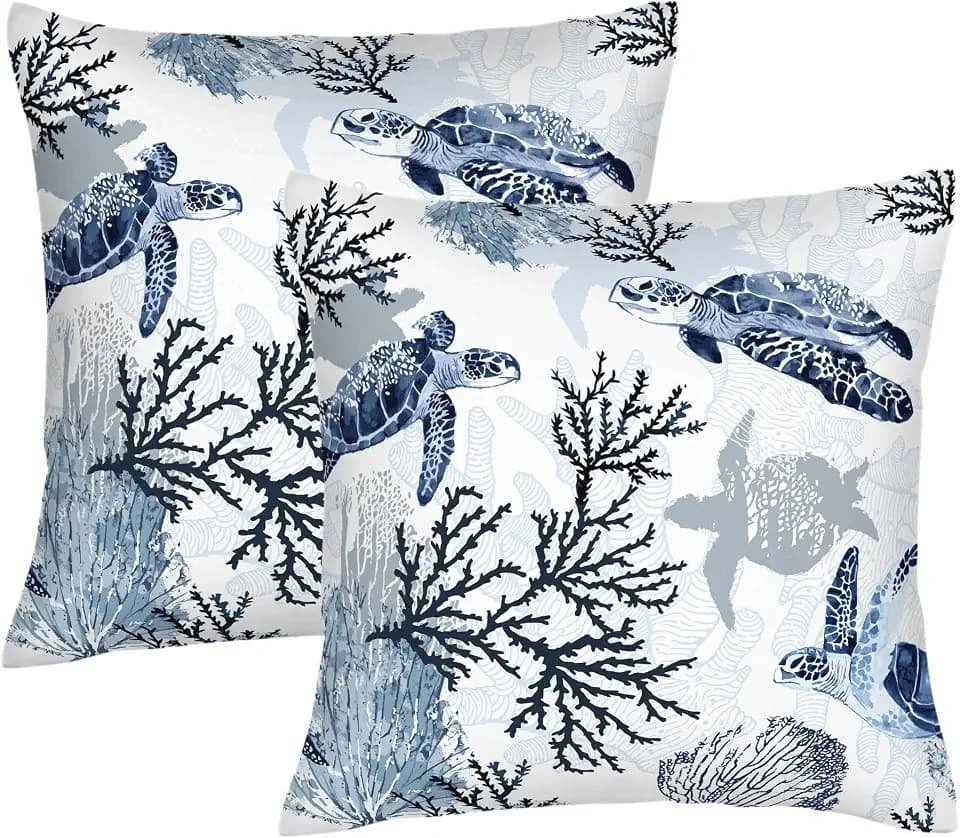 2 Pack Navy Blue Sea Turtle Coral Throw Pillow Covers 18x18 Ocean