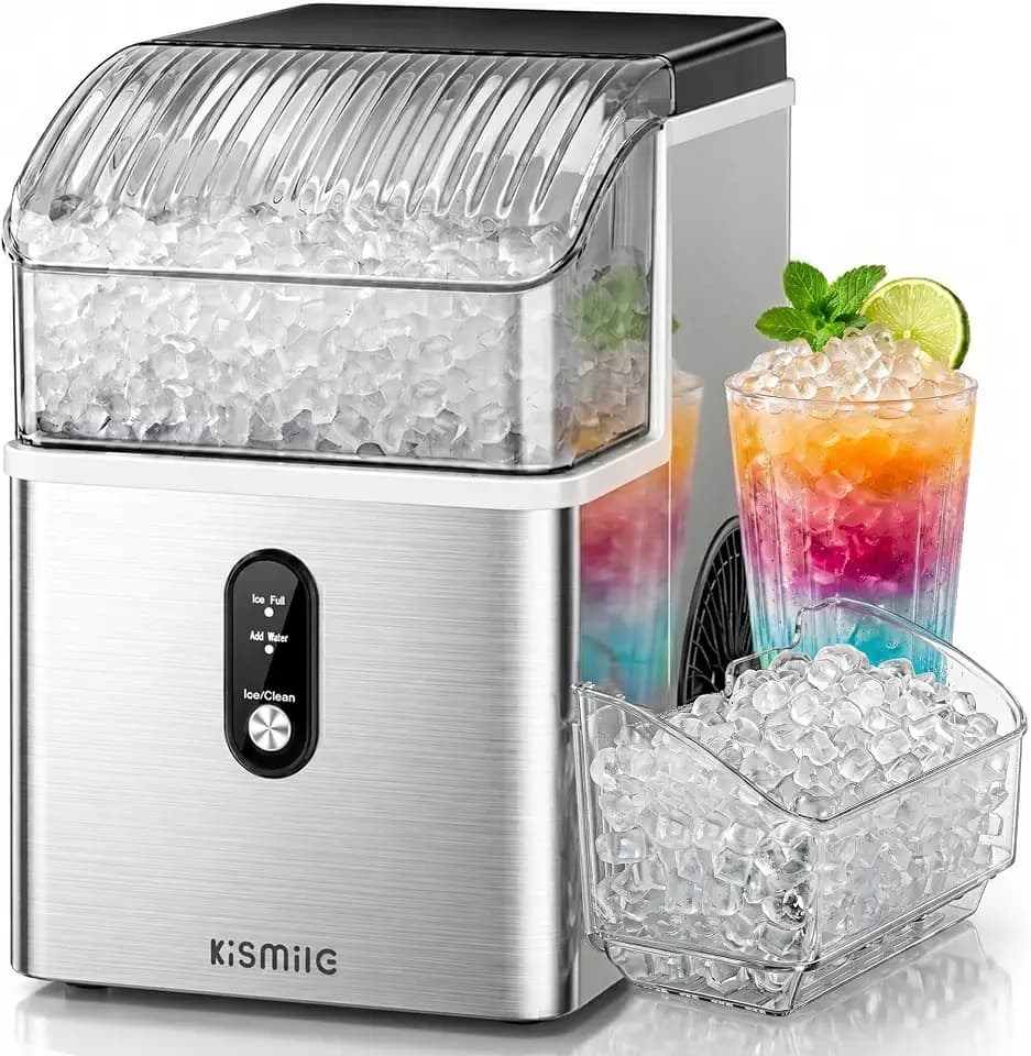 Kismile Nugget Ice Maker Countertop, Sonic Ice Maker with 35Lbs/24H, First Ice in 7 Mins, 1.2L Water Tank, Ice Basket Holds 2.2Lbs, Self-Cleaning Pebble Ice Machine for Home Kitchen Office Bar(Silver)