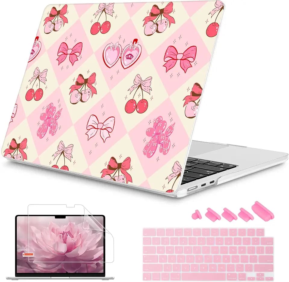 Mektron Case for 2026 MacBook Air 13-inch M5 Laptop A3449 with 13.6-inch Liquid Retina Display, 2025 2024 2022 M4/M3/M2 MacBook Air 13" Hard Shell Cover, Fit Model A3240 A3113 A2681, Cherry with Bows