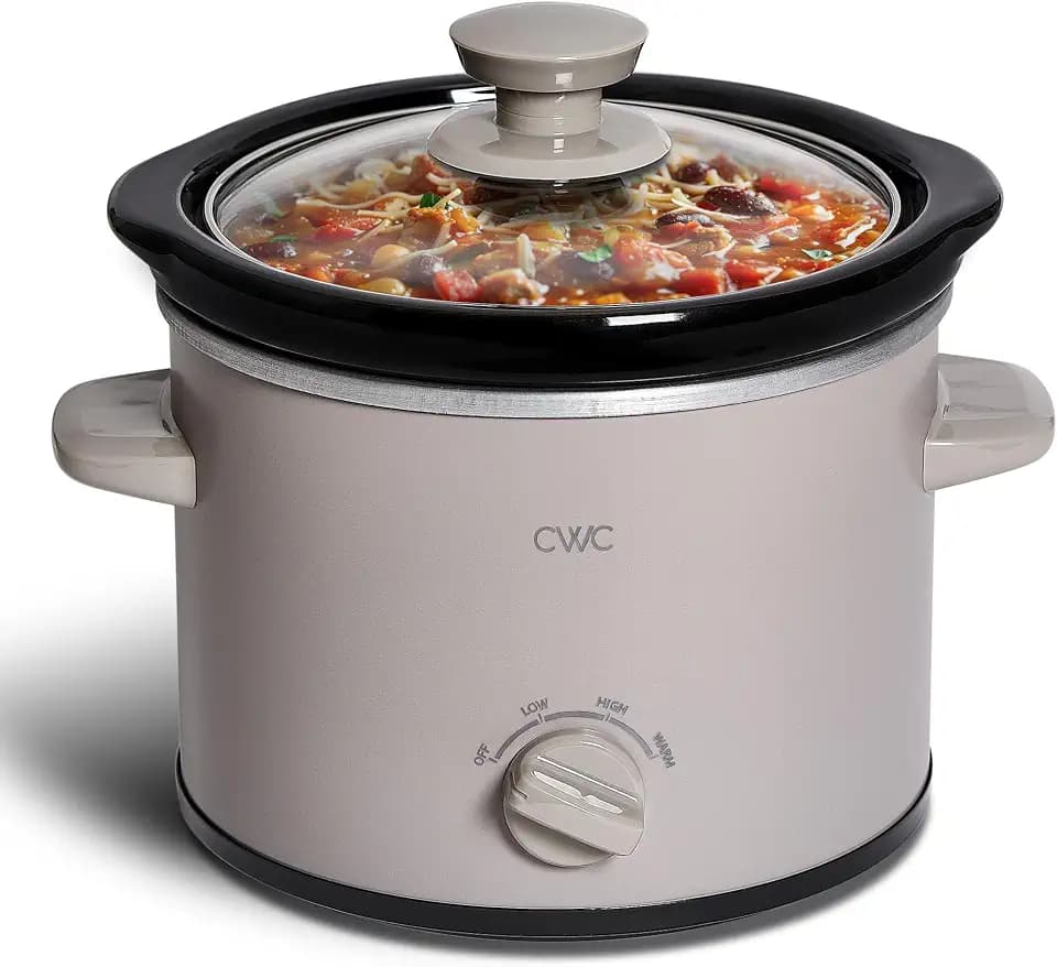 COOK WITH COLOR 2QT Mini Electric Round Slow Cooker - Adjustable Settings, Removable Stoneware Pot, Tempered Glass Lid, Dishwasher Safe, Cool-Touch Side Handles, Greige