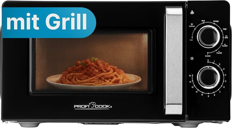 ProfiCook® Mikrowelle mit Grill | 900 Watt | 6 Stufen | 17 Liter Garraum | 360° Drehteller | Timer mit Endsignal | inkl. Grillrost | Microwelle | Microwellengerät | PC-MWG 1208 schwarz