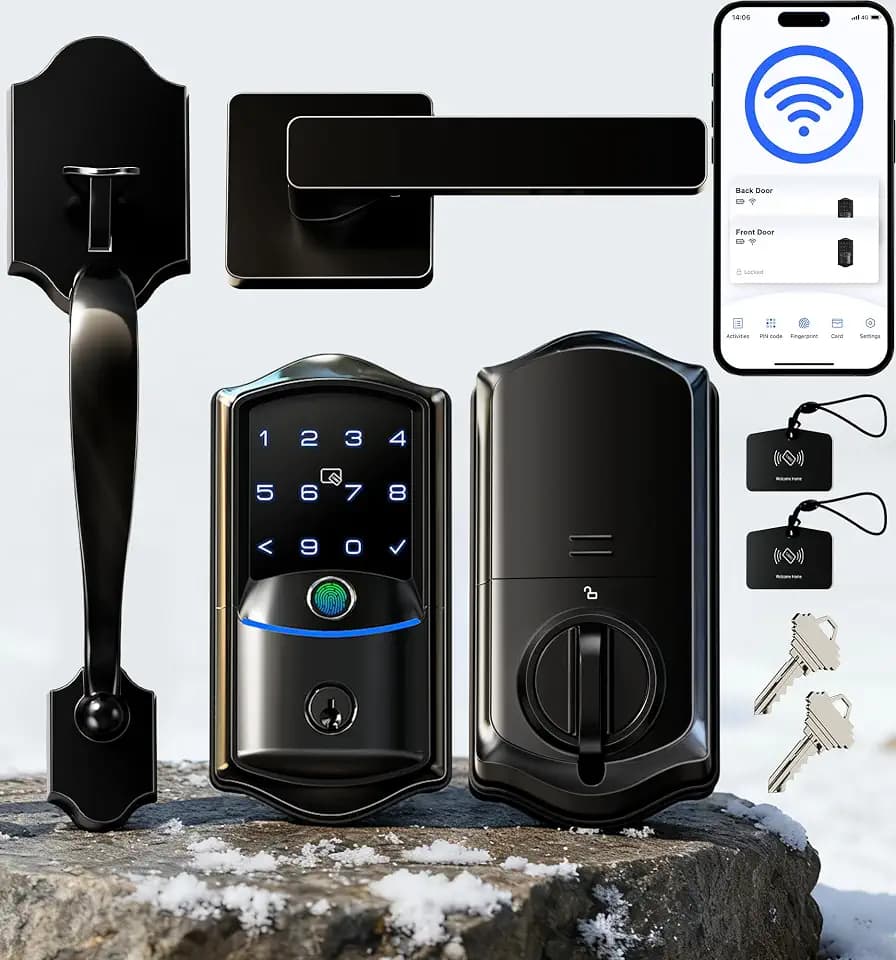 Veise VE027-H Wi-Fi Smart Lock for Front Door with Handle Set, Matte Black