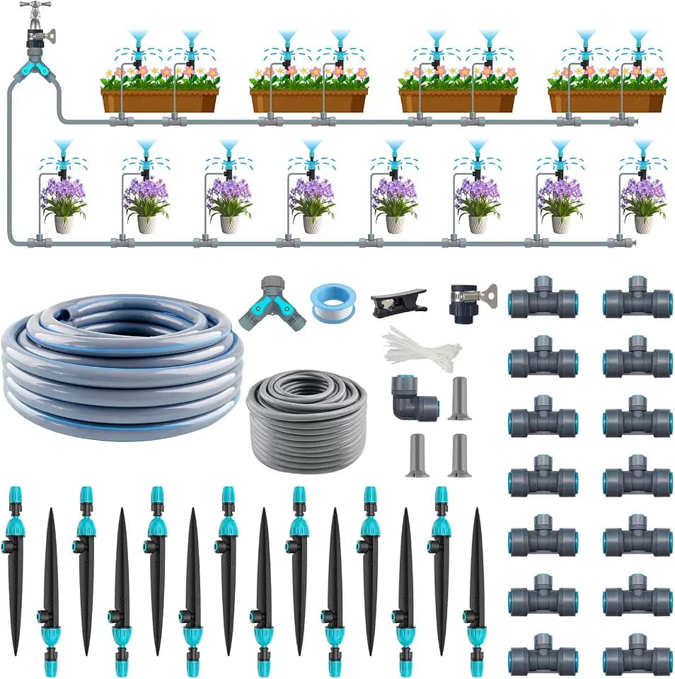 Drip Irrigation System 98ft, Fast Connect Automatic Irrigation Kit with 12mm, 6mm Blank Distribution Tubing and Accessories, DIY Garden Watering Equipment for Garden, Greenhouse, Flower Bed, Patio