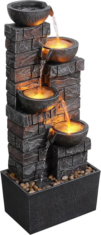 33.5 Inch Water Fountain 4-Tier Cascading Bowls with LED Lights, Indoor Outdoor Decorative Floor Standing Resin Waterfall for Patio Garden Porch Backyard Home Décor, Dark Gray