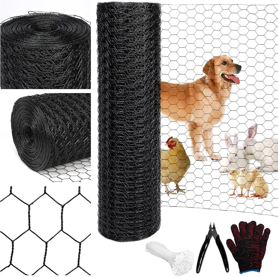 Black 19GA Chicken Wire 48inx150ft, Chicken Wire Fencing, Garden Fence, Metal Poultry Wire Netting, Galvanized PVC Coated Mesh for Animal/Rabbit/Floral/Chicken Coop/DIY Projects.