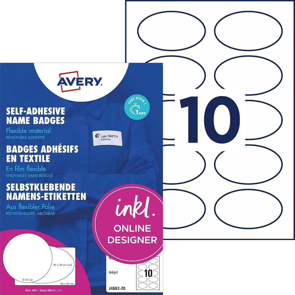 Avery Zweckform J4882-20 Namensetiketten (200 Namensaufkleber, 85x50 mm auf A4, selbstklebend, bedruckbare ovale Textiletiketten für Inkjetdrucker, rückstandsfrei ablösbar) 20 Blatt, weiß