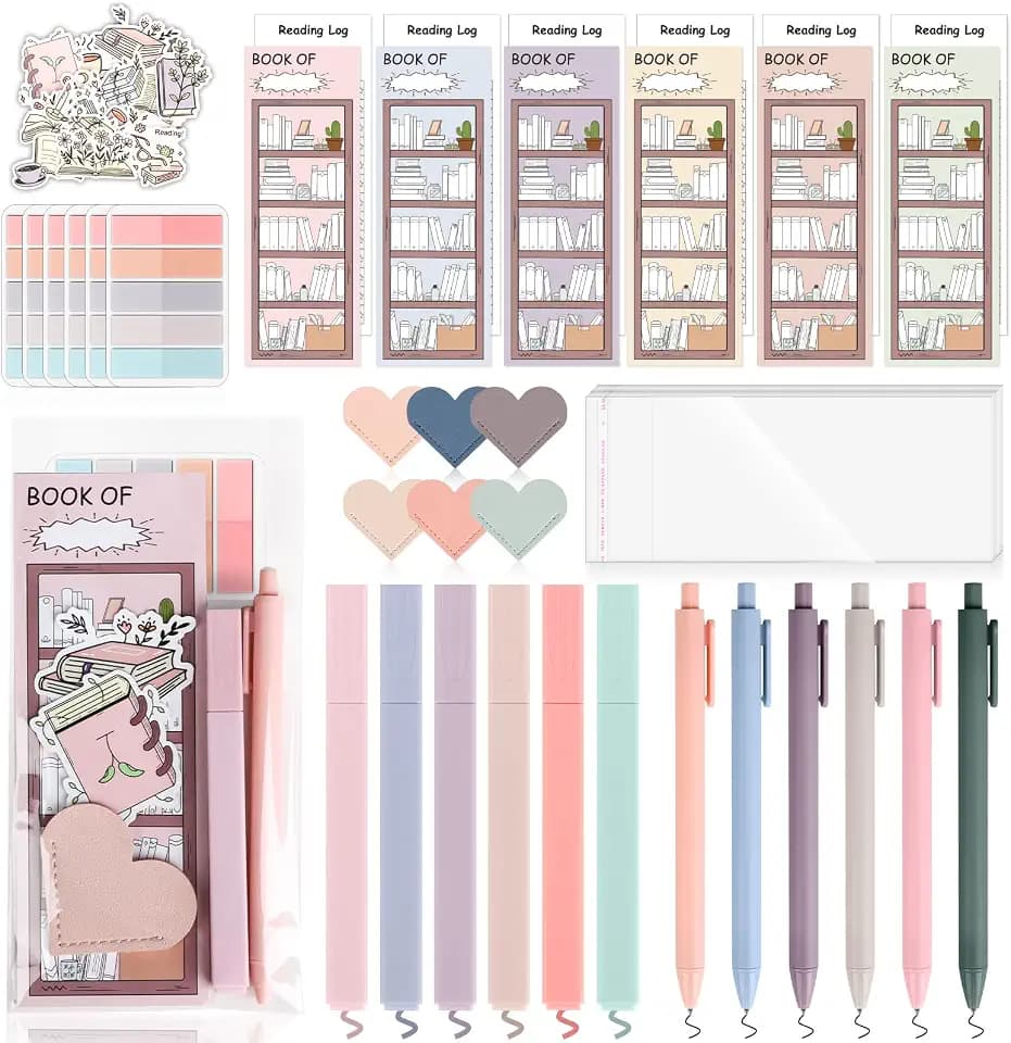 52 PCS Aesthetic Book Annotation Kit 6 Pastel Highlighters and Gel Pens Reading List Bookmarks Sticky Notes Index Tabs Stickers Bible Pages Self-Adhesive Bag for Book Lovers Gifts Book Accessories