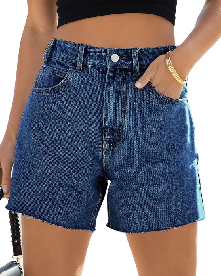 PLNOTME Womens Baggy Jean Shorts High Waisted Straight Leg Stretchy Raw Hem Mom Denim Shorts
