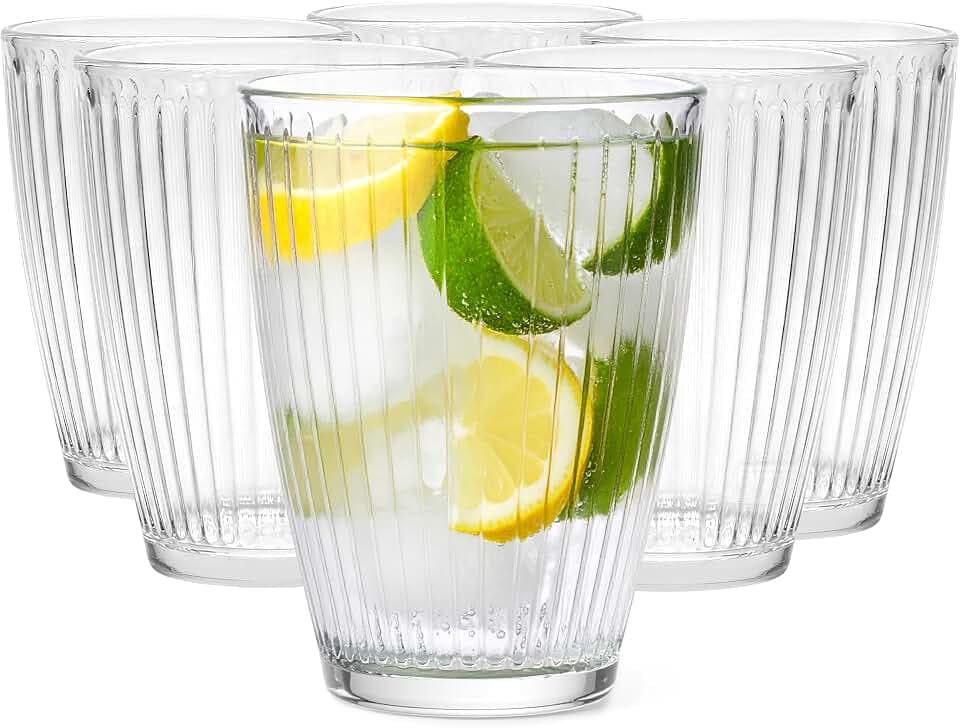 Glasmark Krosno 1992 Trinkgläser Gläser für Wasser, Säfte und Drinks - 6er Set 400 ml - Transparent, geriffelt - Hohe Wassergläser für Zuhause und Gastronomie
