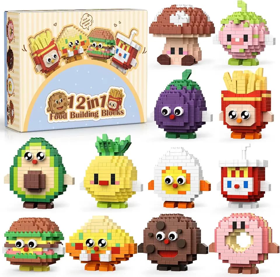HIGH GODO 12 Pack Food Party Favors Building Set, Mini Food Building Blocks Sets, Goodie Bags Stuffers, Blind Box Style Classroom Small Prize Toys Gifts for Adults Teens Age 14+