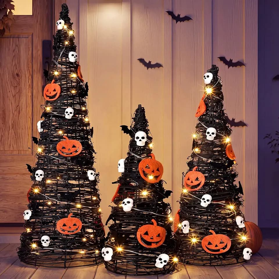 Jenaai 3 Pcs Halloween Rattan Cone Trees, 24/16/12 in Pre-lit Table Decor