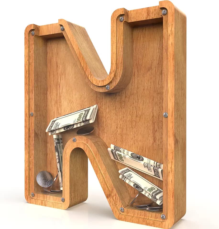 Piggy Bank for Kids Boys Girls, Large Personalized Wooden Letter Piggy Bank with Cut-Out Design, Alphabet Letter Coin Banks, Money Savings Box, Wooden Bank for Kids Creative Gifts for Real-Money(N)