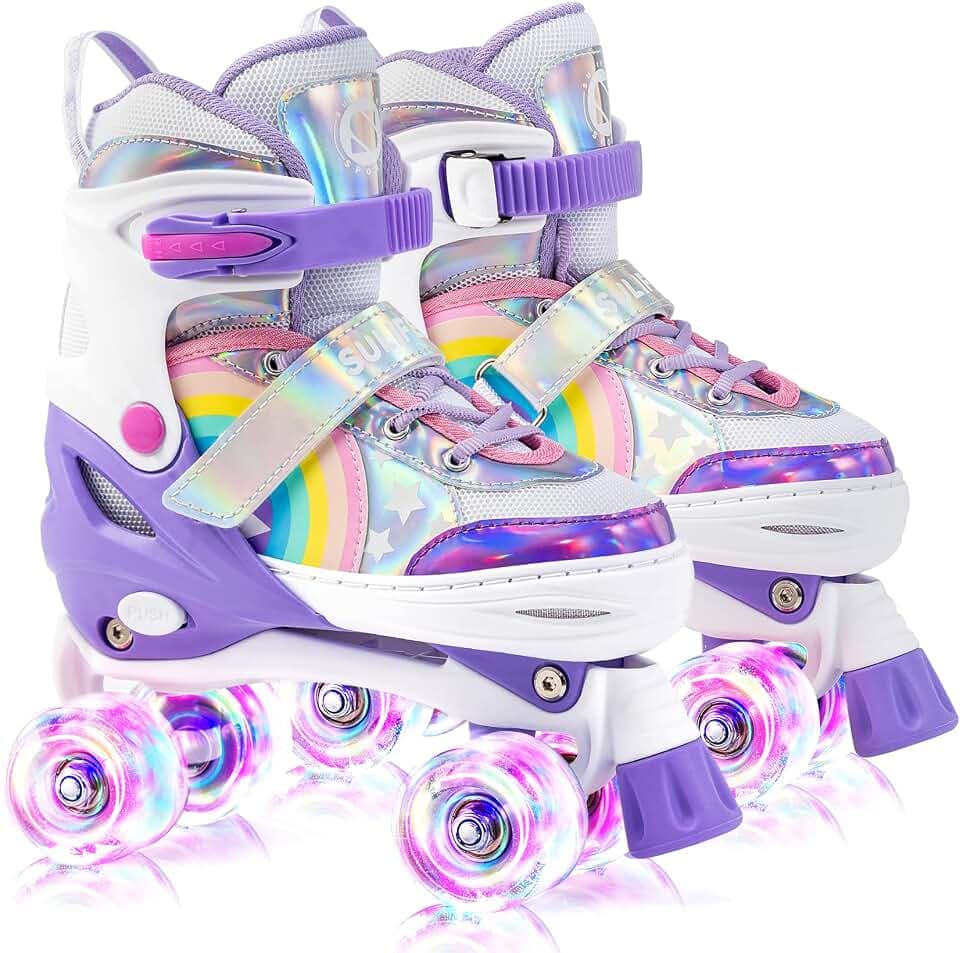 SULIFEEL Rainbow Unicorn Verstellbare Rollschuhe für Kinder mit Leuchtenden Rädern für Mädchen und Jungen