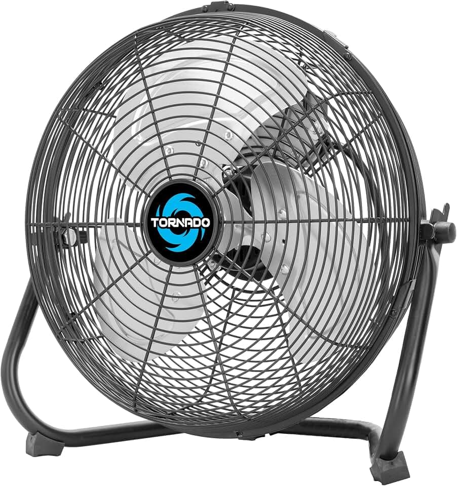 Tornado 12 Inch High Velocity Industrial Floor Fan, 3-Speed Heavy-Duty Metal Fan, 120° Tilting Head, 6.0 FT Power Cord for Workshop, Warehouse, Garage, Home Use, Black