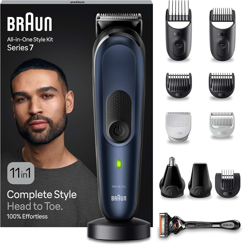 Braun All-In-One Trimmer-Set 7, 11-in-1 Multigroom, Barttrimmer, Nasenhaartrimmer, Haarschneidemaschine für Gesicht, Kopf und Körper, 100 Min. Akku, 14 Längen (3–21 mm), Wasserdicht, MGK7450, Blau