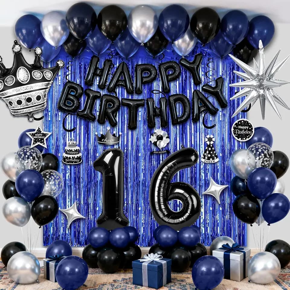 16th Birthday Decorations for Boys, Black Blue Happy 16th Birthday Balloons with Foil Number 16, Happy Birthday Banner, Fringe Curtains, Foil Balloons Party Supplies