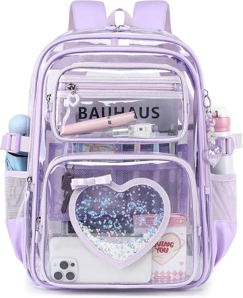 Clear Backpack for School Girls, Cute Heavy Duty PVC Transparent Bookbag, See-Through Bag for Stadium Event Purple