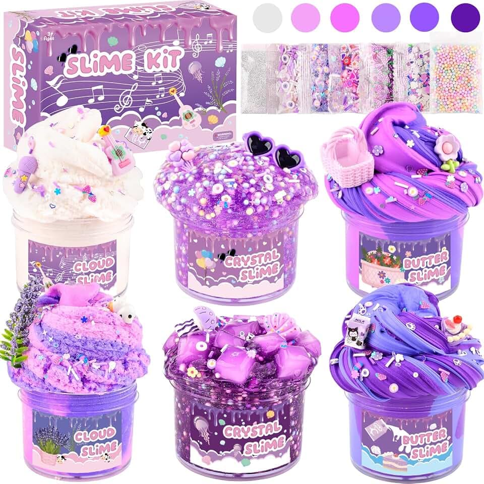 Petyuioyu Slime Set für Kinder, 6 x 60 ml lila Schleim Set mit Cloud Slime, Butter Slime & Clear Slime, 12 Charms und 6 Deko-Beutel, DIY Geschenk für Mädchen, Mitgebsel Kindergeburtstag