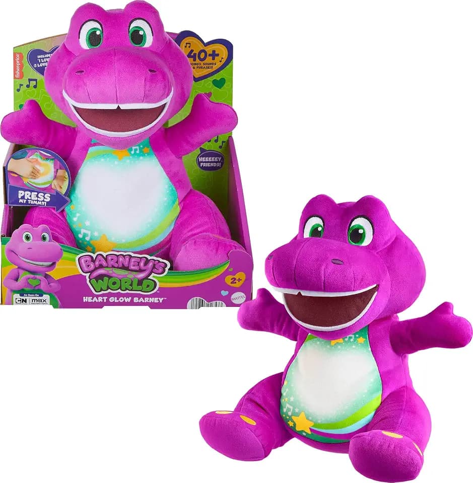 Fisher-Price Barney’s World Toddler Toy Heart Glow Barney Plush with Music & Lights for Pretend Play Preschool Kids Ages 2+ Years