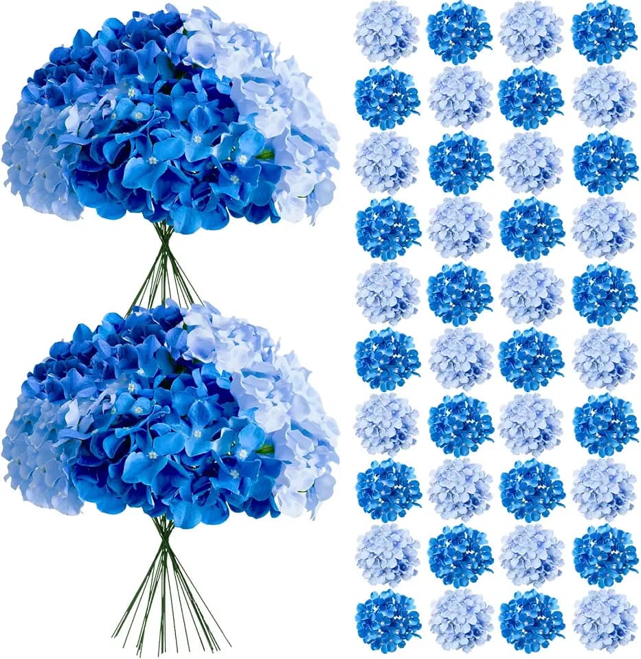 65Pcs Mixed Blue Hydrangea Artificial Flowers Bulk，Realistic Silk Fake Flowers with Stems，Faux Hydrangea Flowers for Wedding Home Decor Centerpieces Living Room Garden Party Baby Shower Decor