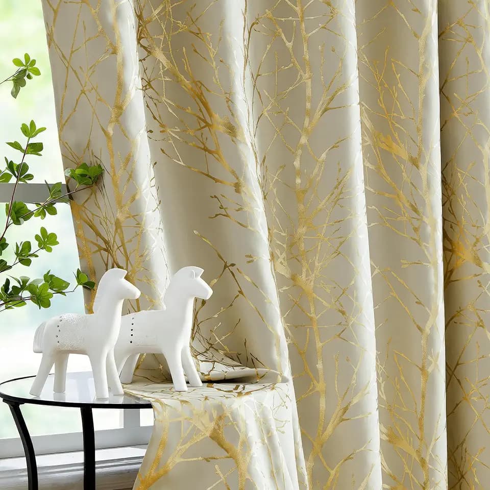 FMFUNCTEX 100% Blackout Ivory Gold Foil Tree Curtains 84 Inch Long 2 Panels