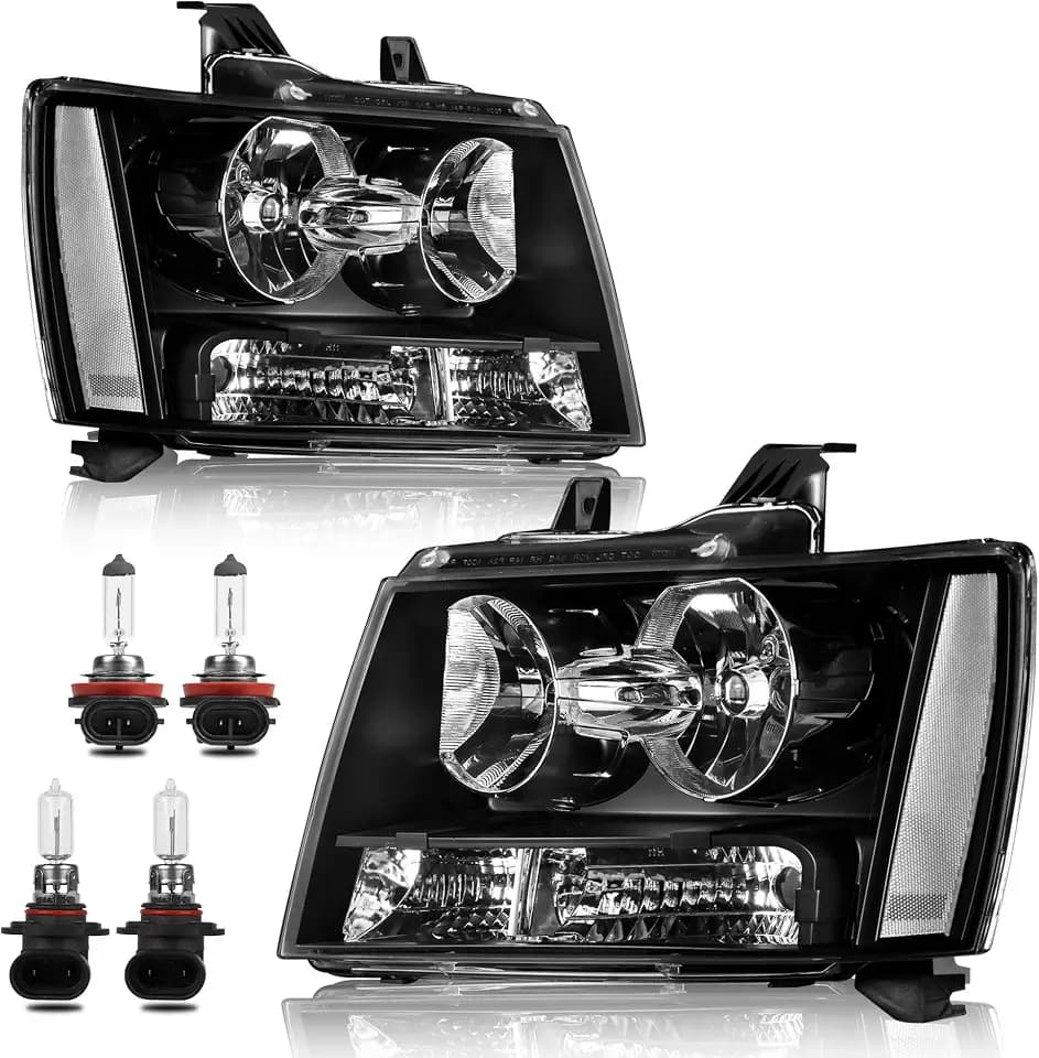 KUIPERAUTO Headlight Assembly Compatible for 2007-2014 Chevy Tahoe Suburban 1500 Compatible for 07-2013 Avalanche Suburban 2500 Front Lamp w/Bulb Black Housing/Clear Lens/Clear Corner