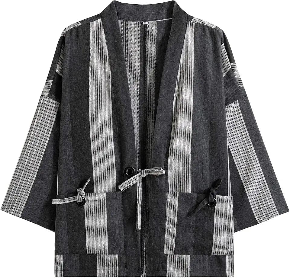 Mens Japanese Kimono Cardigan Cotton Linen Haori Fashion 3/4 Sleeve Yukata