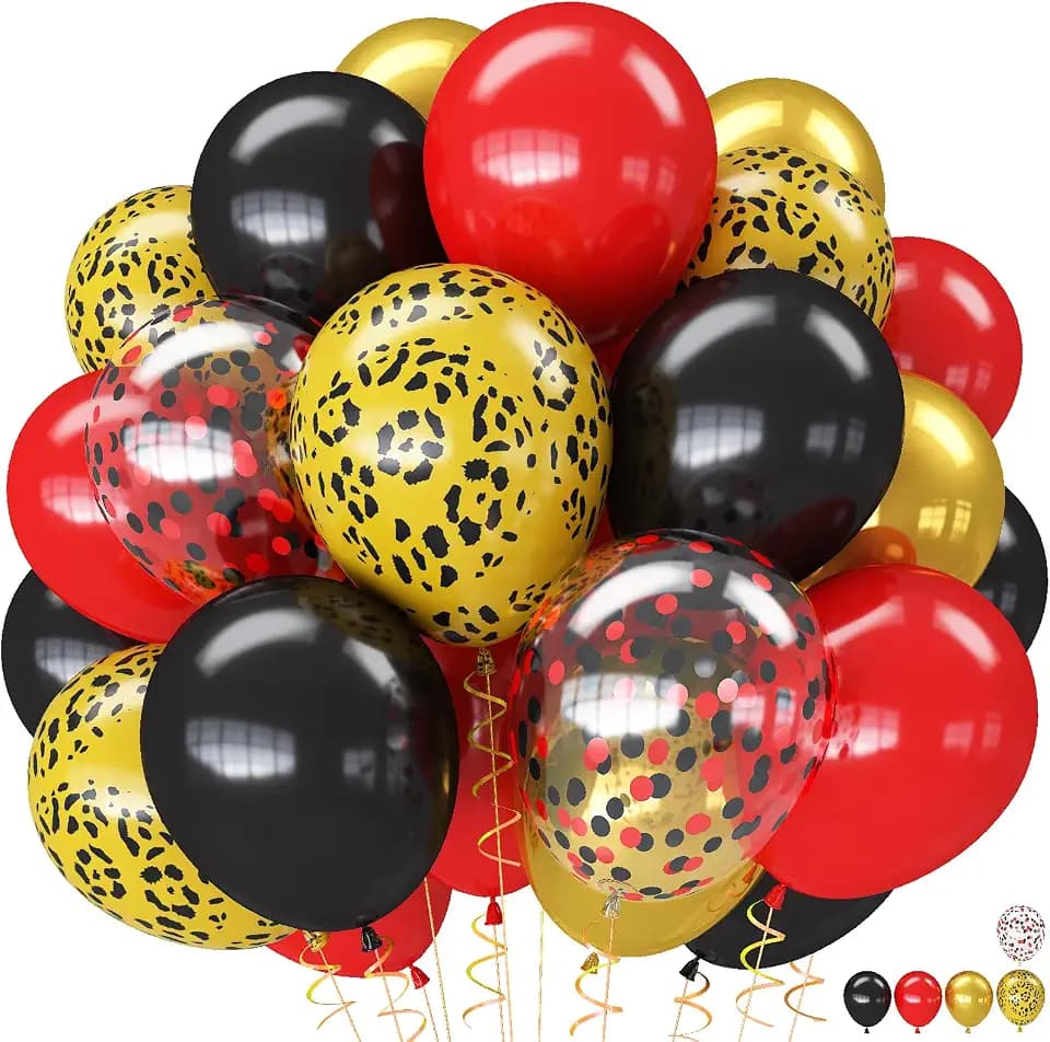 Red Black Cheetah Balloons, 60Pcs 12Inch Black Red Metallic Gold and Leopard Print Balloons with Confetti Latex Balloon for Wild Animal Jungle Safari Zoo Theme Birthday Bachelorette Party Decoration