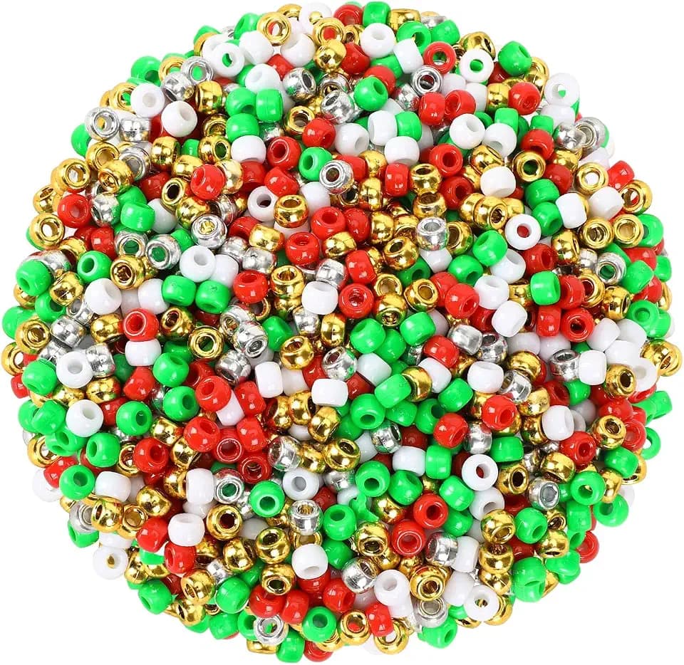 UPINS Weihnachts Pony Perlen, 1200 Stück Rot Weiß Grün Gold Silber Kunststoffperlen zur Schmuckherstellung Weihnachtsketten Armbänder Haarperlen Basteln DIY