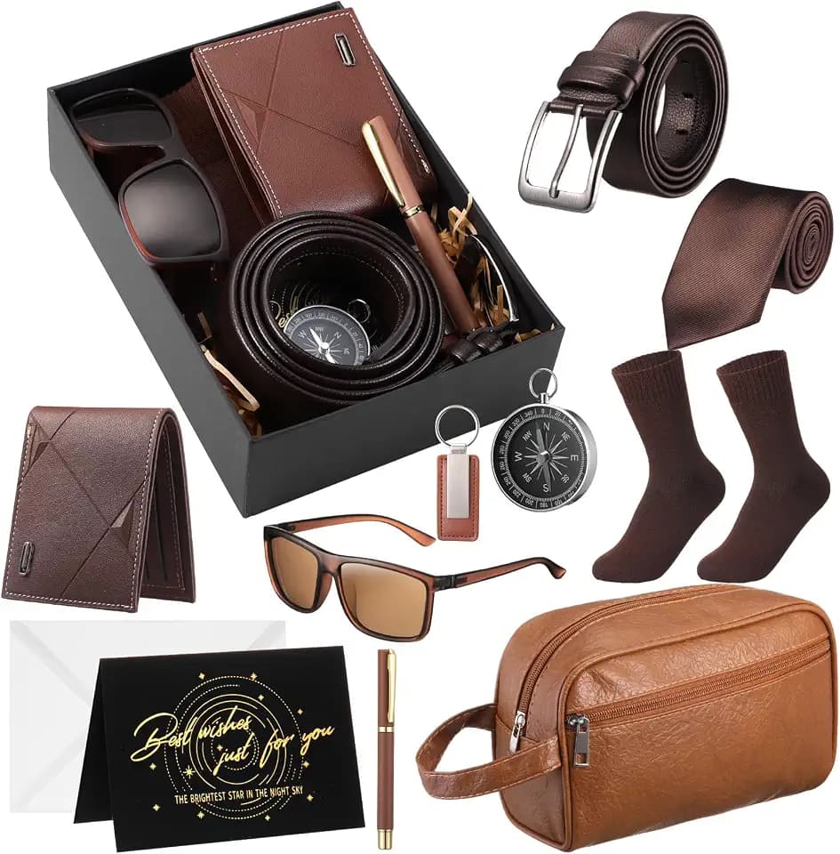 Geyoga 12 Pcs Mens Birthday Gift Set,Wallet Belt Tie Socks Bag