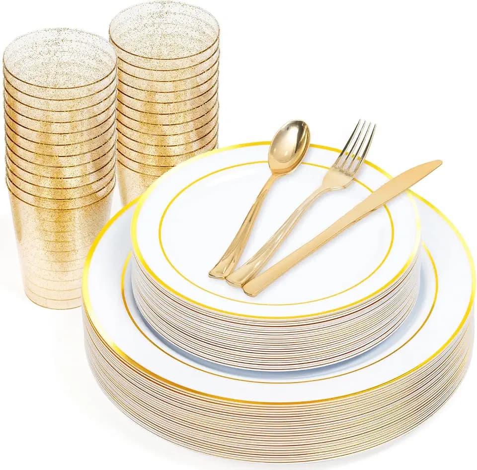 MATANA 150 Stück Mehrweg Partygeschirr Set in Weiß & Gold für 25 Gäste - 25 Plastikteller 25 Dessertteller 25 Löffel 25 Gabeln 25 Messer & 25 Partybecher - Hochzeiten, Geburtstage & Partys