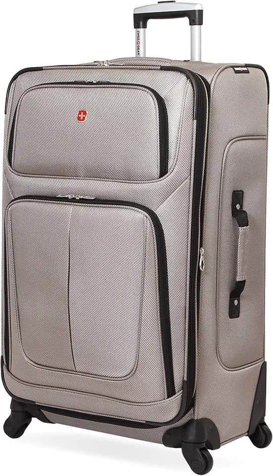 SwissGear Sion Softside Expandable Luggage – Large Checked Suitcase with 360 Degree Wheels & Retractable Handle – 29 Inch, Perfect for 7-9 Night Trips – Pewter