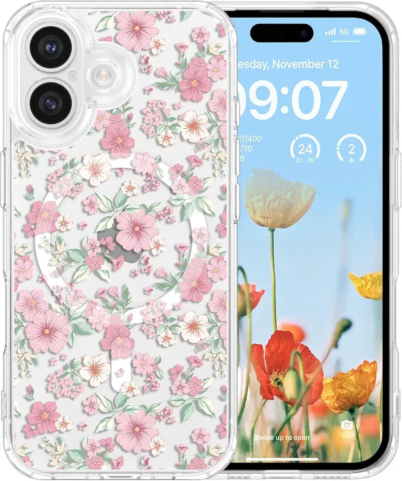 RALEAVO for iPhone 17 Case Clear Floral Magnetic Case,Pink Flowers