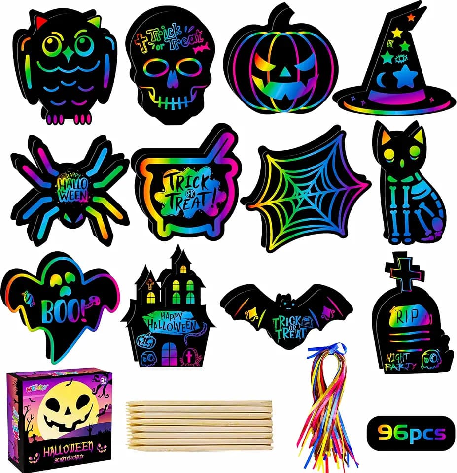MGparty Halloween Crafts for Kids, 96PCS Rainbow Scratch Art Cards Bulk Set