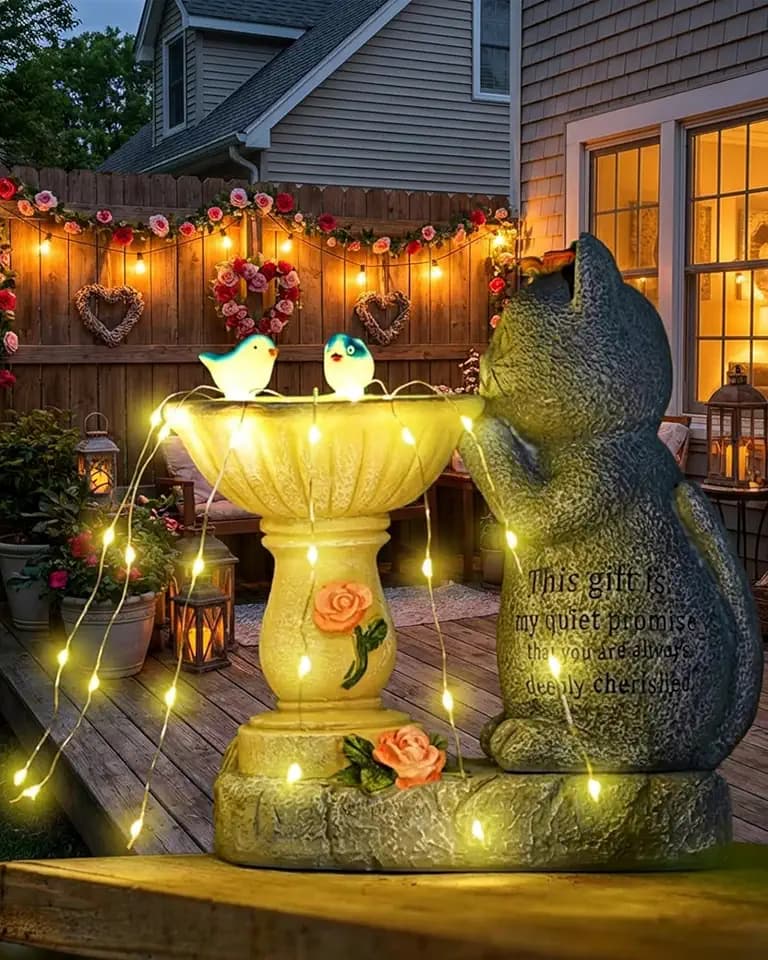 Solar Garden Outdoor Statues Decor, Cat Birdbath with Butterfly Garden Decor for Home House, Yard Art Lawn, Ornaments, Porch Patio, Balcony - Birthday Gifts for Grandma Mom Women