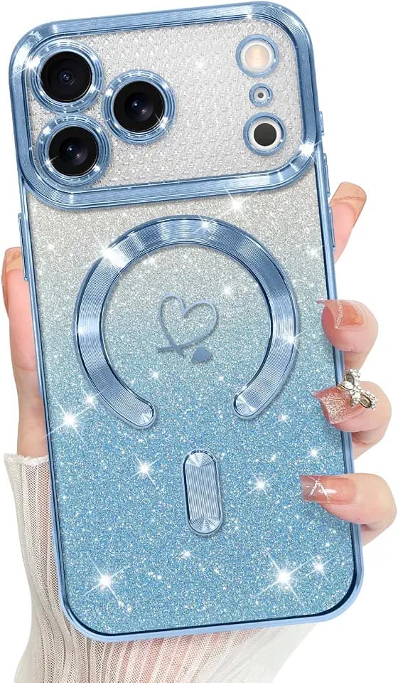 Bonoma Compatible with iPhone 17 Pro Max Case 2025 Heart Glitter -Blue